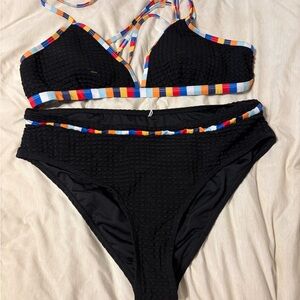 Black Textured Bikini Set with Multicolor Trim
